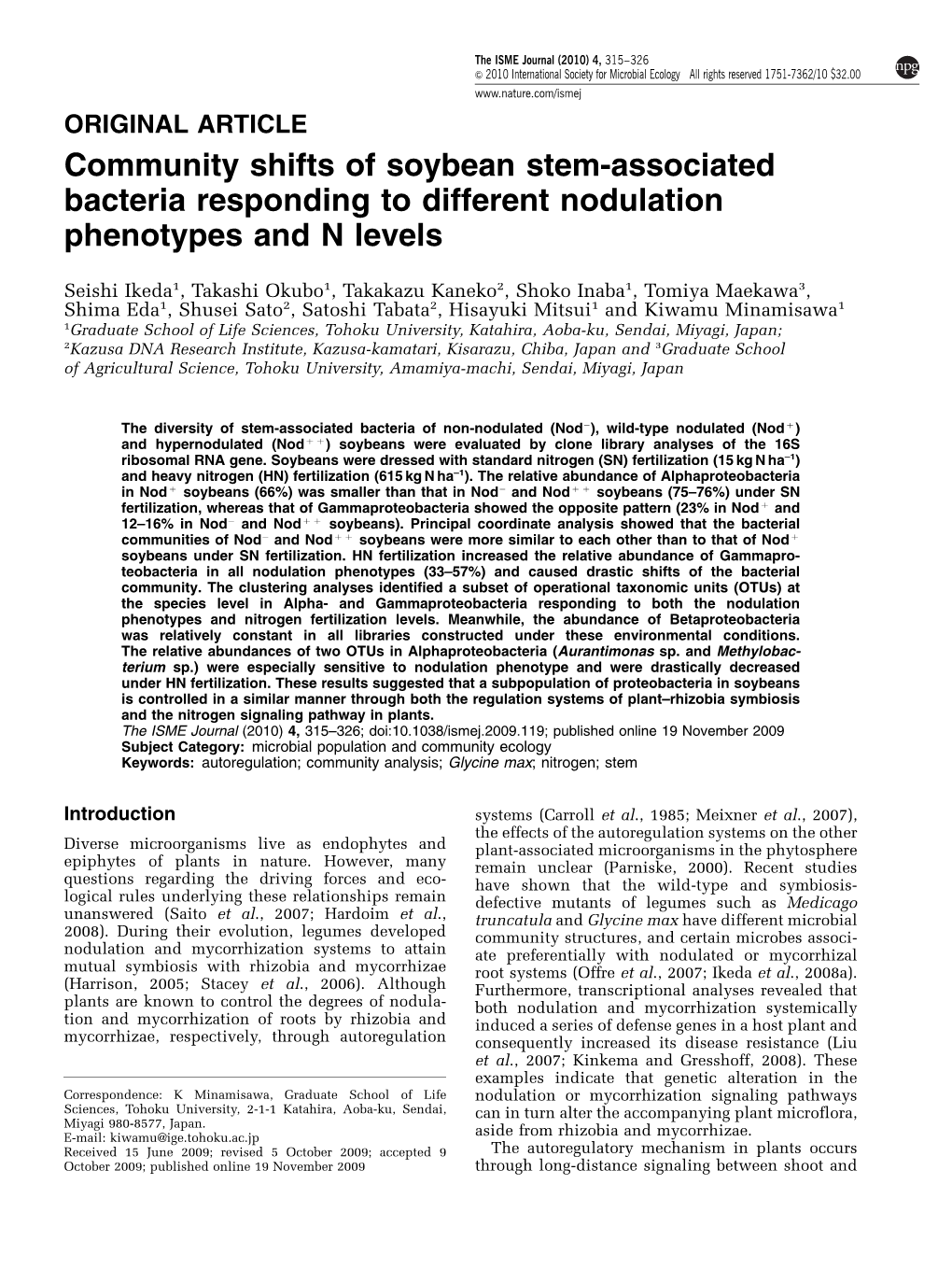 Community Shifts of Soybean Stem-Associated Bacteria Responding to Different Nodulation Phenotypes and N Levels