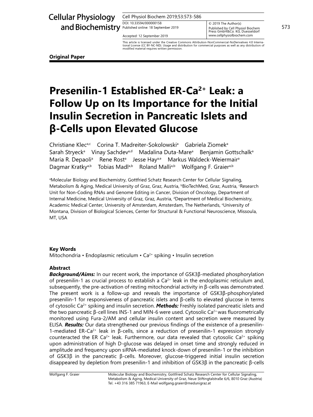 Presenilin-1 Established ER-Ca2+ Leak: a Follow up on Its Importance for the Initial Insulin Secretion in Pancreatic Islets and Β-Cells Upon Elevated Glucose