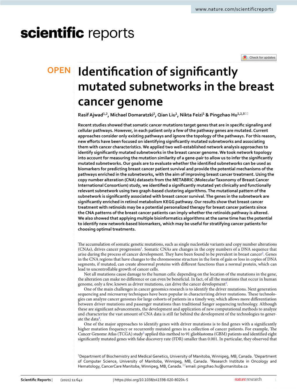Identification of Significantly Mutated Subnetworks in the Breast Cancer Genome