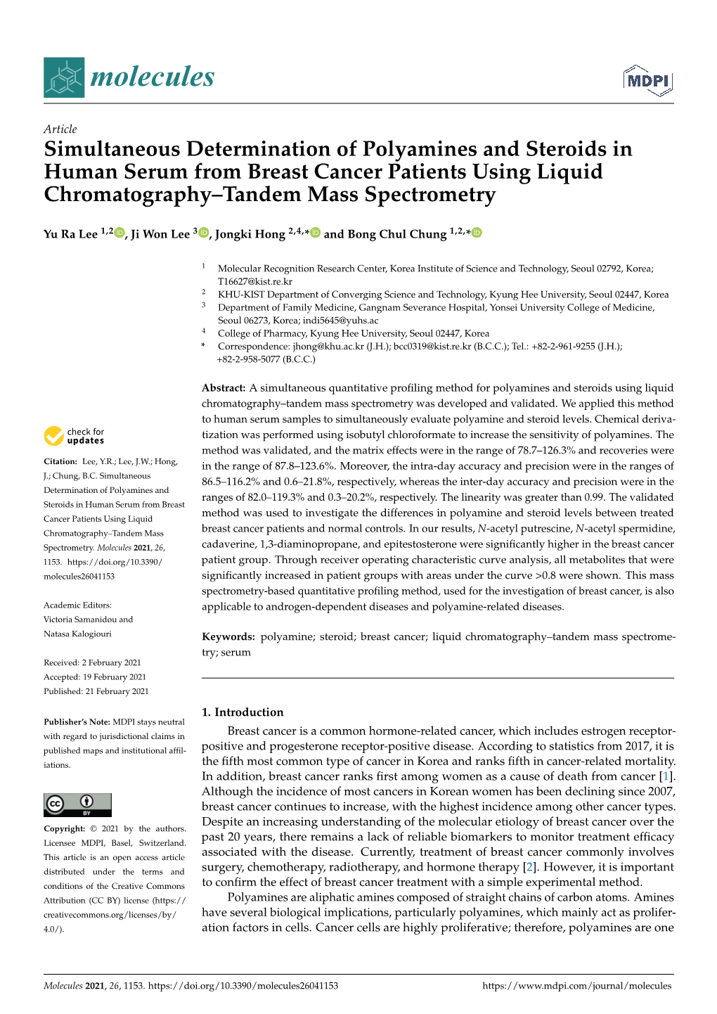 Simultaneous Determination of Polyamines and Steroids in Human Serum from Breast Cancer Patients Using Liquid Chromatography–Tandem Mass Spectrometry