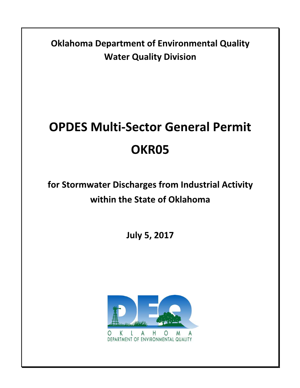 OPDES Multi-Sector General Permit OKR05 for Stormwater Discharges from Industrial Activity Within the State of Oklahoma