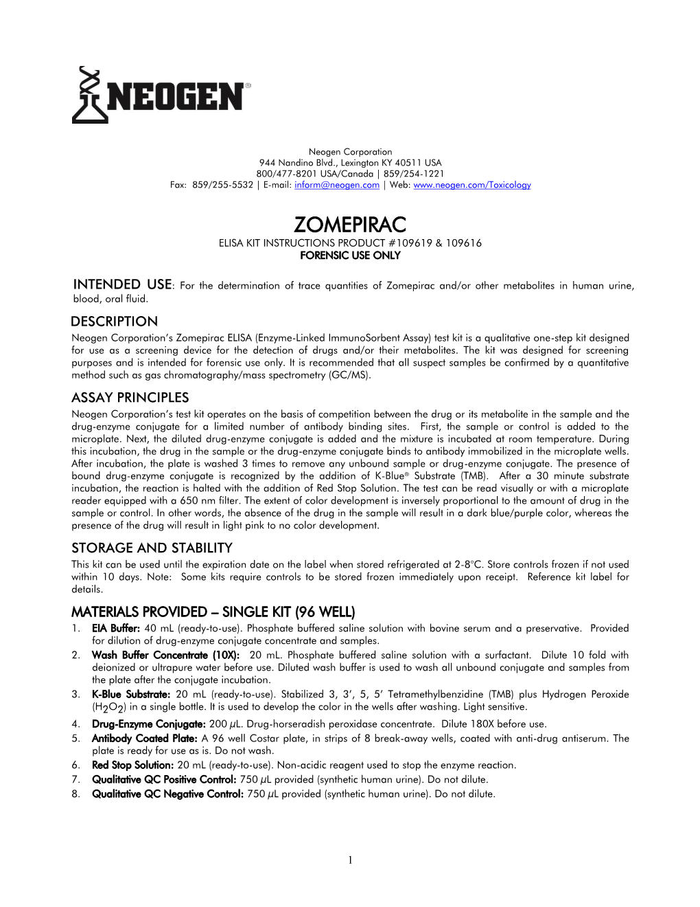 Zomepirac Elisa Kit Instructions Product #109619 & 109616 Forensic Use Only