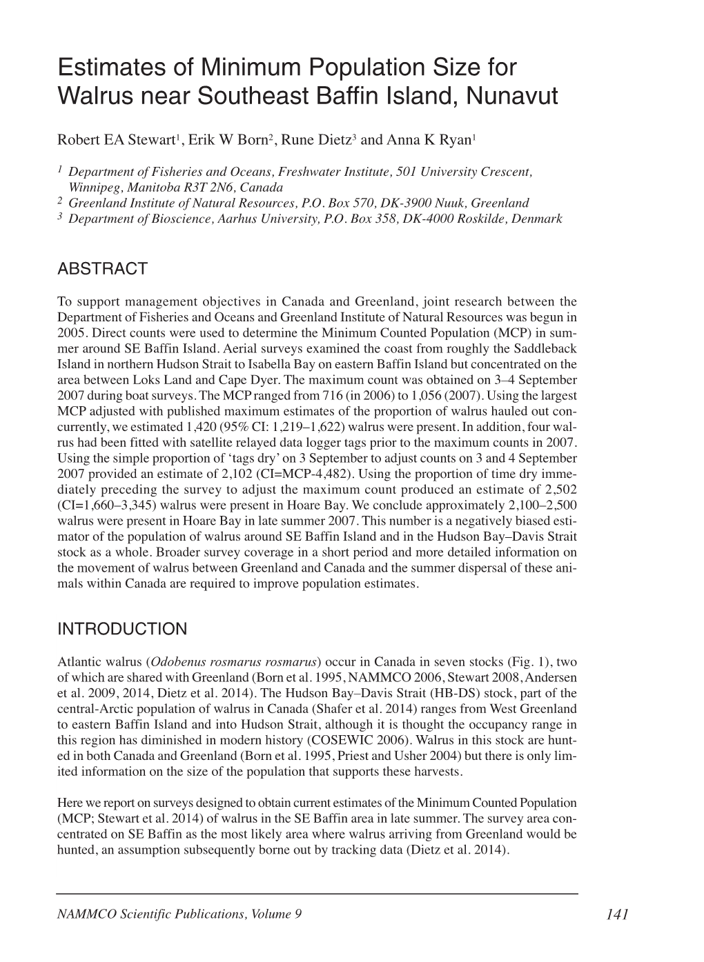 Estimates of Minimum Population Size for Walrus Near Southeast Baffin Island, Nunavut