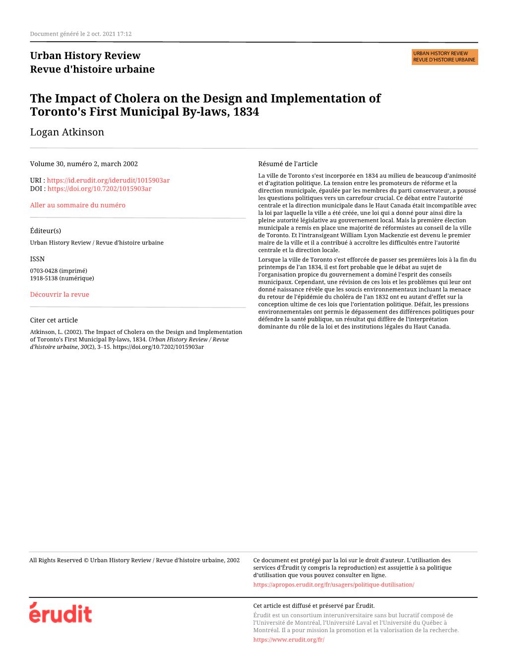 The Impact of Cholera on the Design and Implementation of Toronto's First Municipal By-Laws, 1834 Logan Atkinson