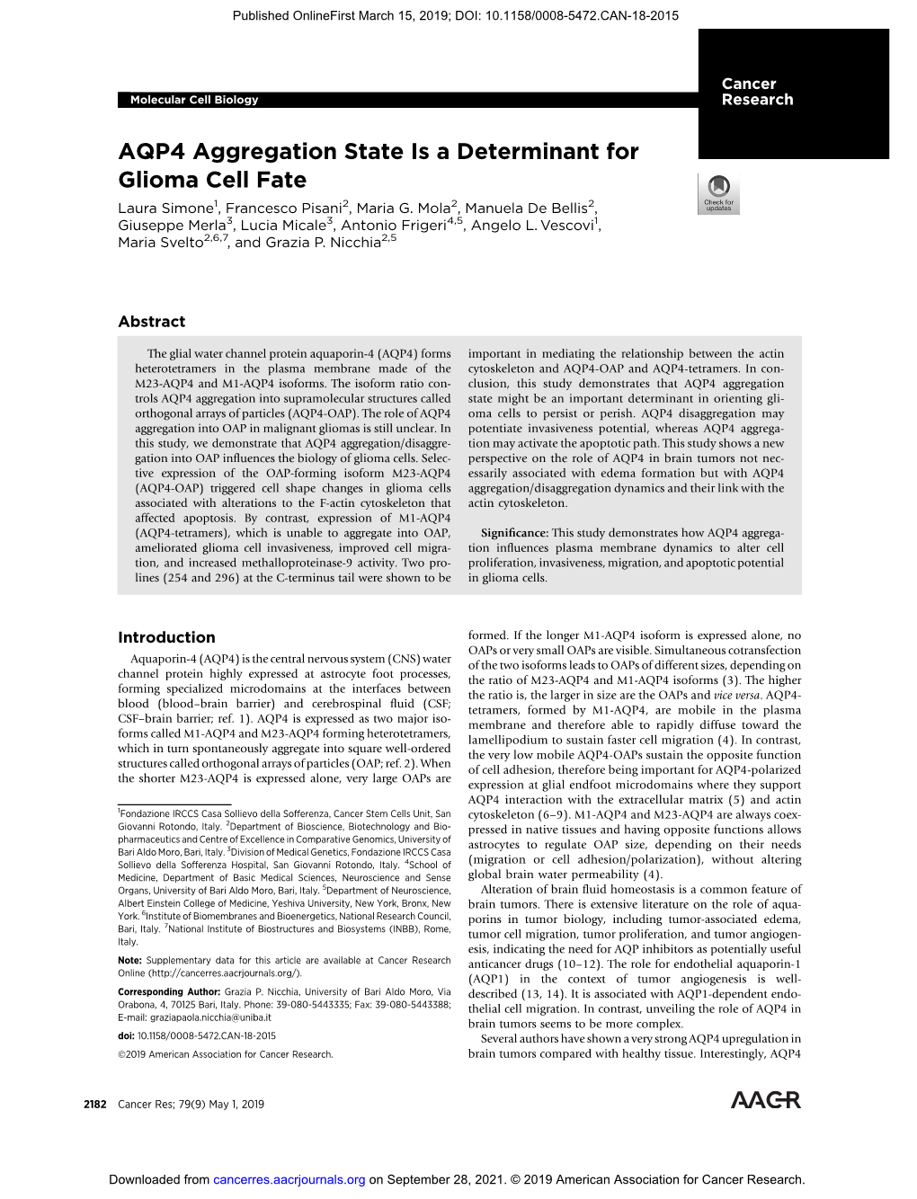 AQP4 Aggregation State Is a Determinant for Glioma Cell Fate Laura Simone1, Francesco Pisani2, Maria G