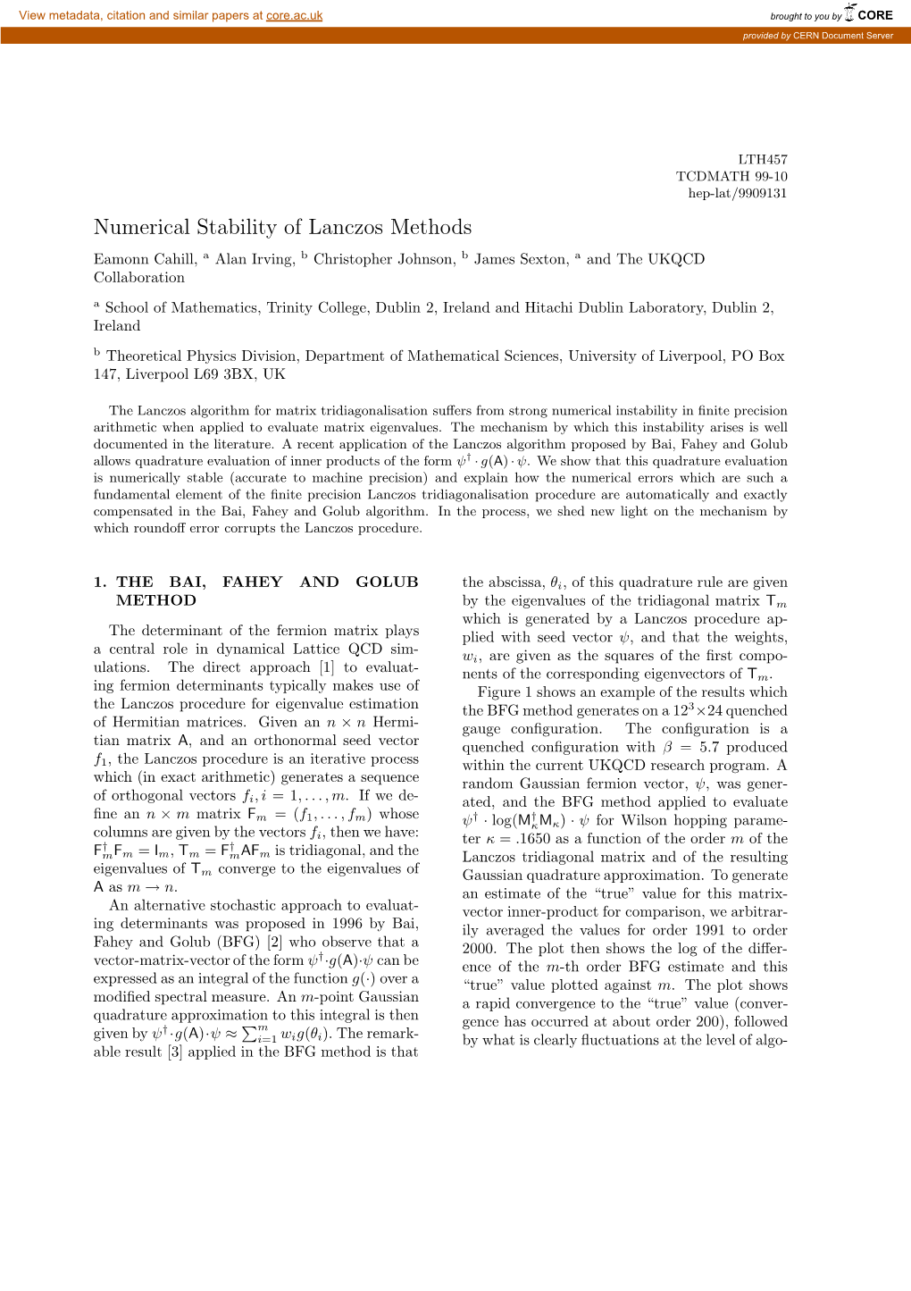 Numerical Stability of Lanczos Methods