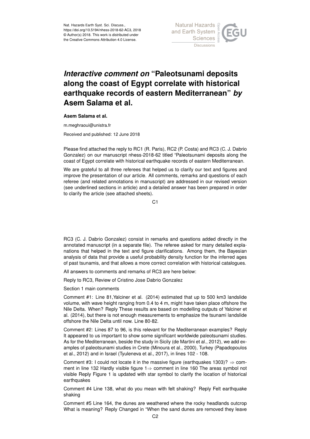 Paleotsunami Deposits Along the Coast of Egypt Correlate with Historical Earthquake Records of Eastern Mediterranean” by Asem Salama Et Al