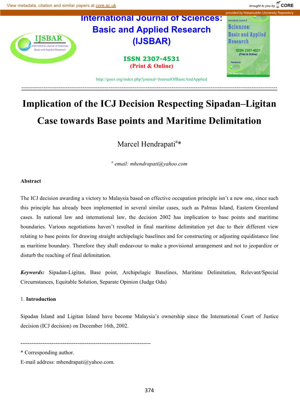 Implication of the ICJ Decision Respecting Sipadan–Ligitan Case Towards Base Points and Maritime Delimitation