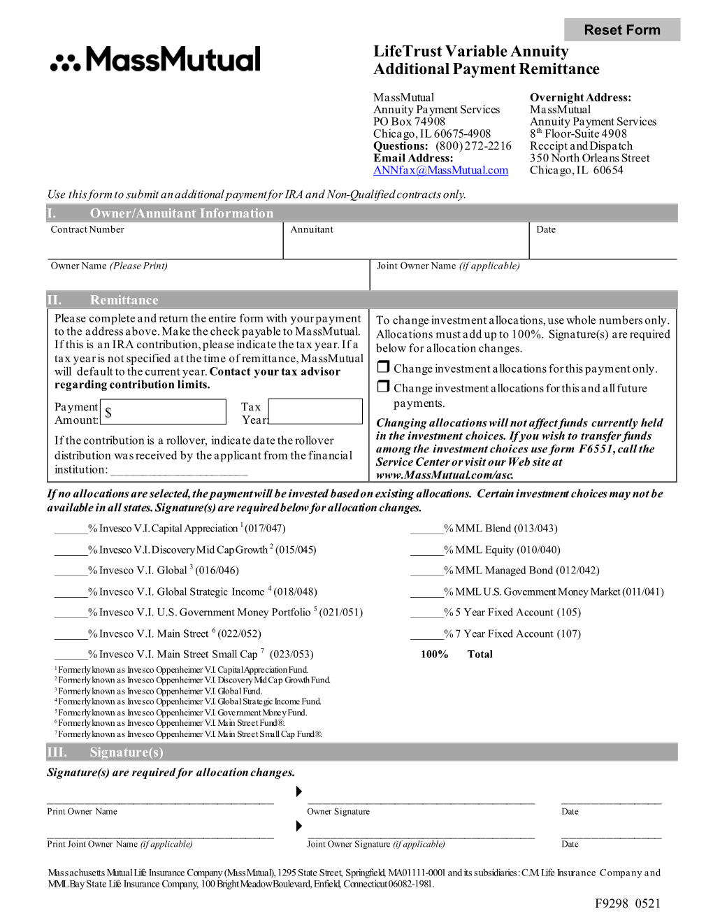 Lifetrust Variable Annuity Additional Payment Remittance