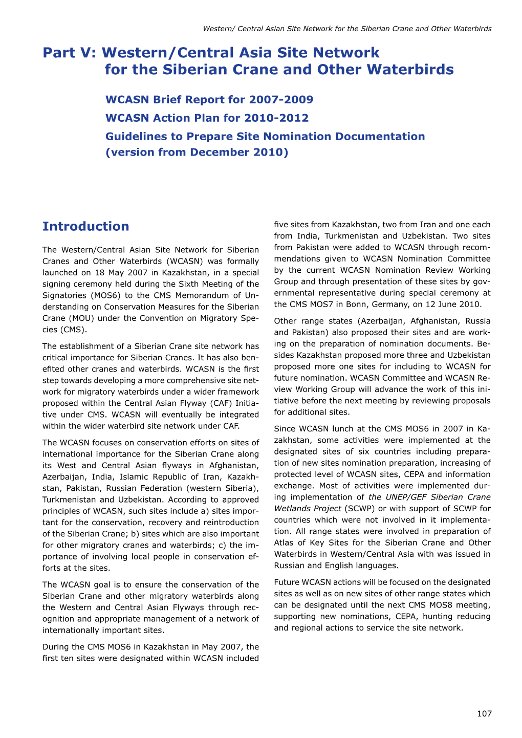 Siberian Crane MOU Action Plan for Western/Central Asia Site Network