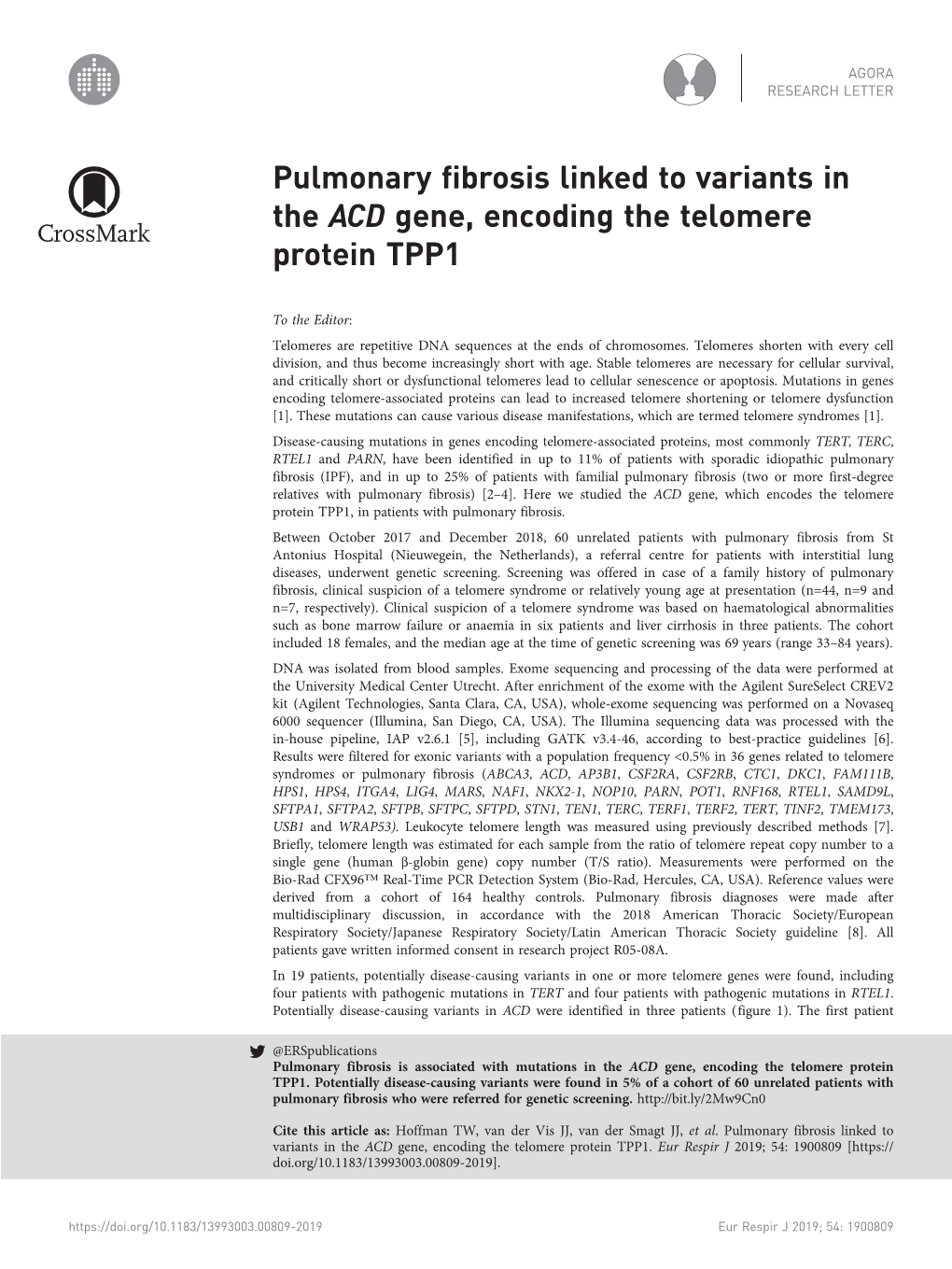 Pulmonary Fibrosis Linked to Variants in the ACD Gene, Encoding the Telomere Protein TPP1