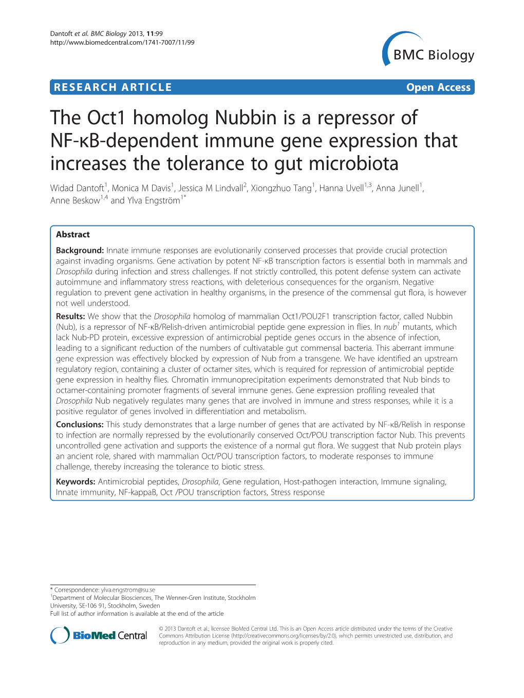 The Oct1 Homolog Nubbin Is a Repressor of NF-Κb-Dependent