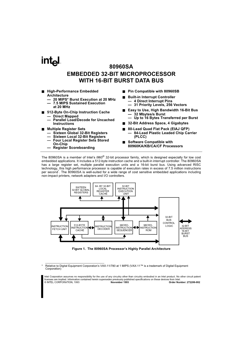 80960Sa Embedded 32-Bit Microprocessor with 16-Bit Burst Data Bus