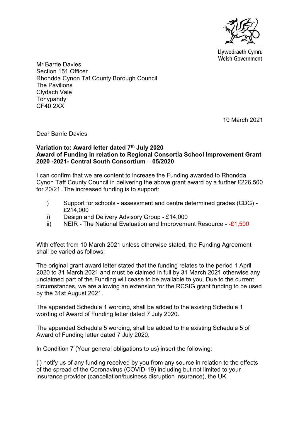 Mr Barrie Davies Section 151 Officer Rhondda Cynon Taf County Borough Council the Pavilions Clydach Vale Tonypandy CF40 2XX