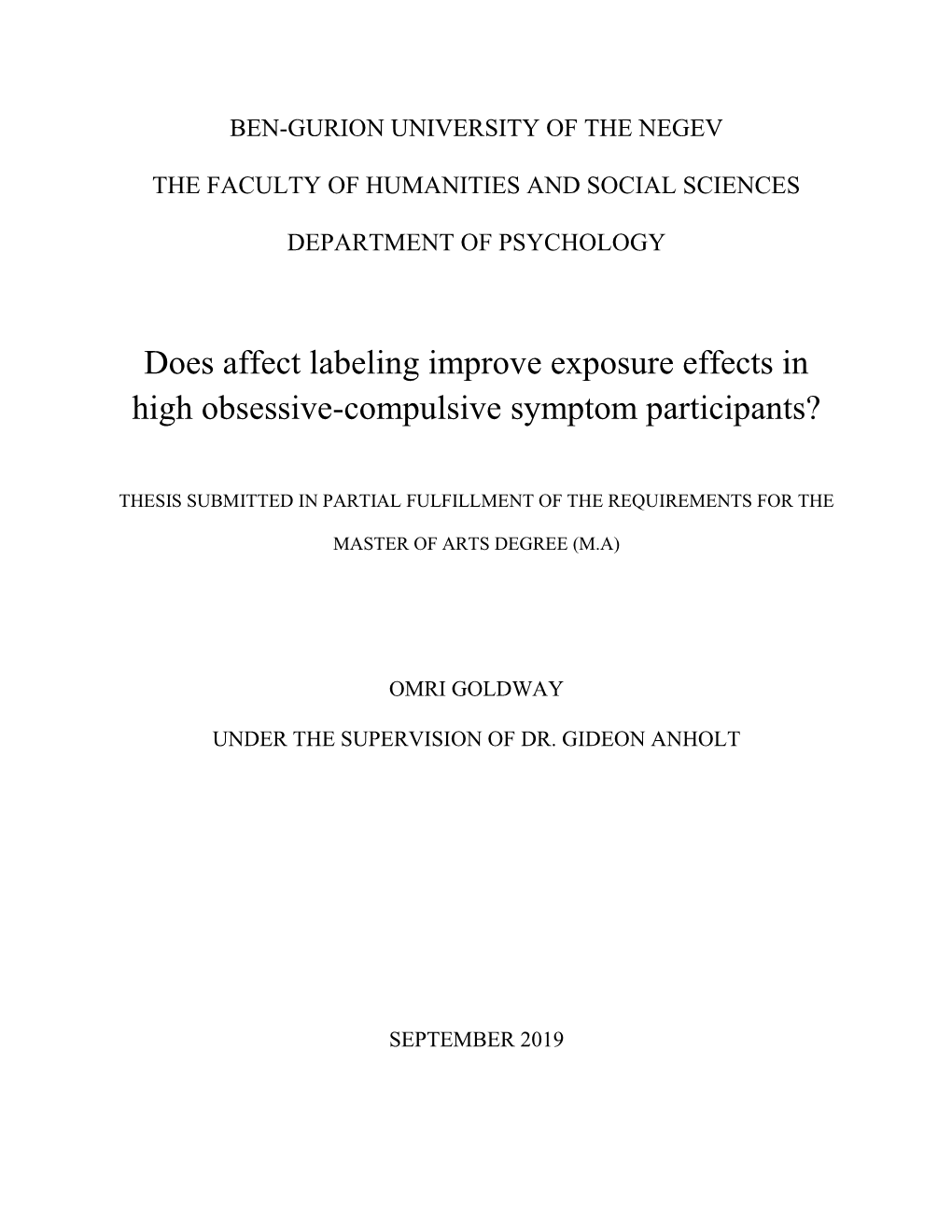 Does Affect Labeling Improve Exposure Effects in High Obsessive-Compulsive Symptom Participants?