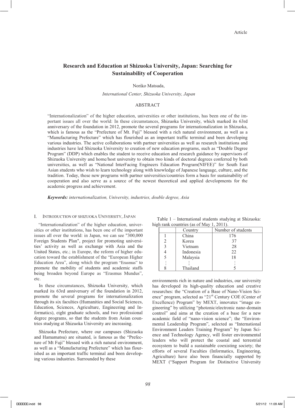 Research and Education at Shizuoka University, Japan: Searching For