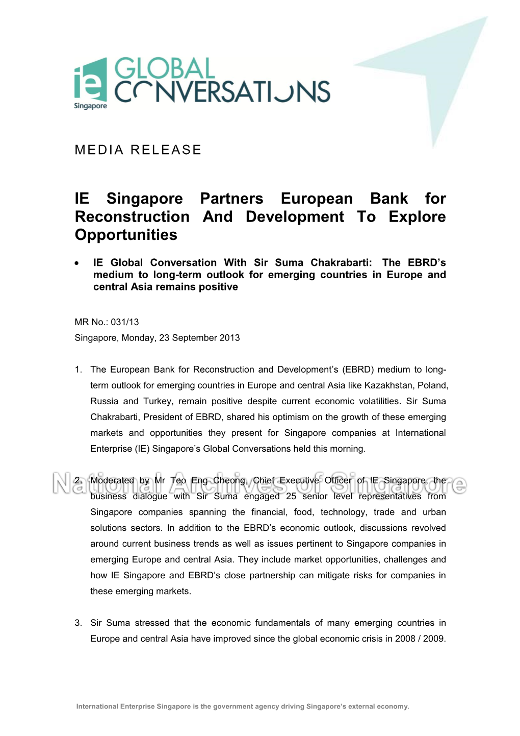 IE Singapore Partners European Bank for Reconstruction and Development to Explore Opportunities