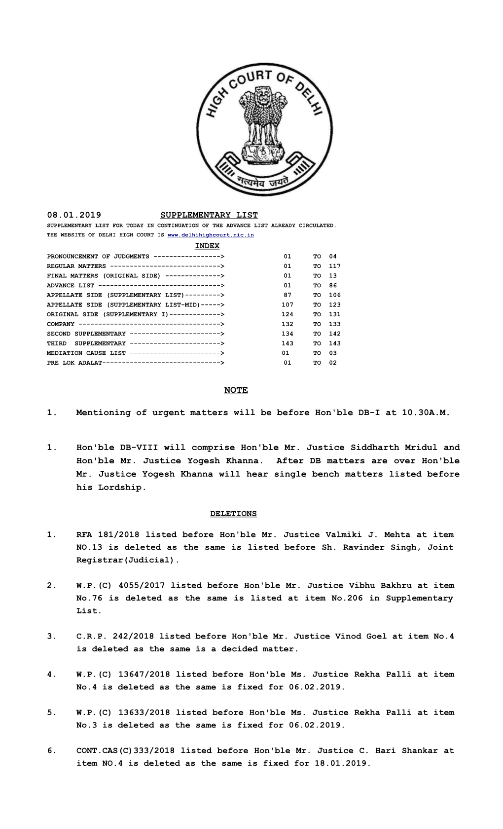 08.01.2019 SUPPLEMENTARY LIST 1. Mentioning of Urgent Matters Will