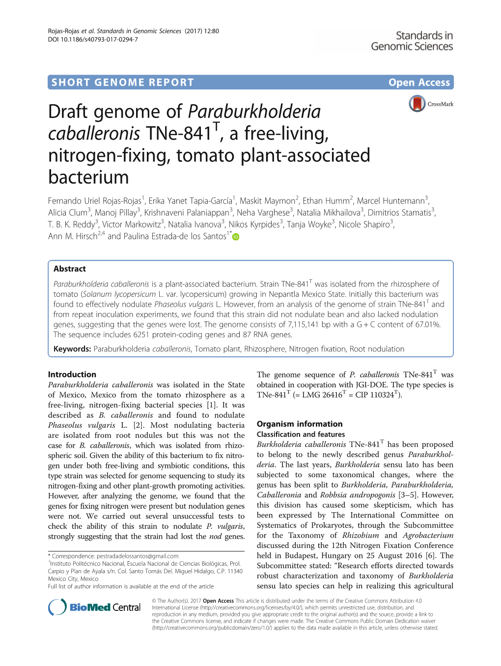 Draft Genome of Paraburkholderia Caballeronis Tne-841T, a Free-Living