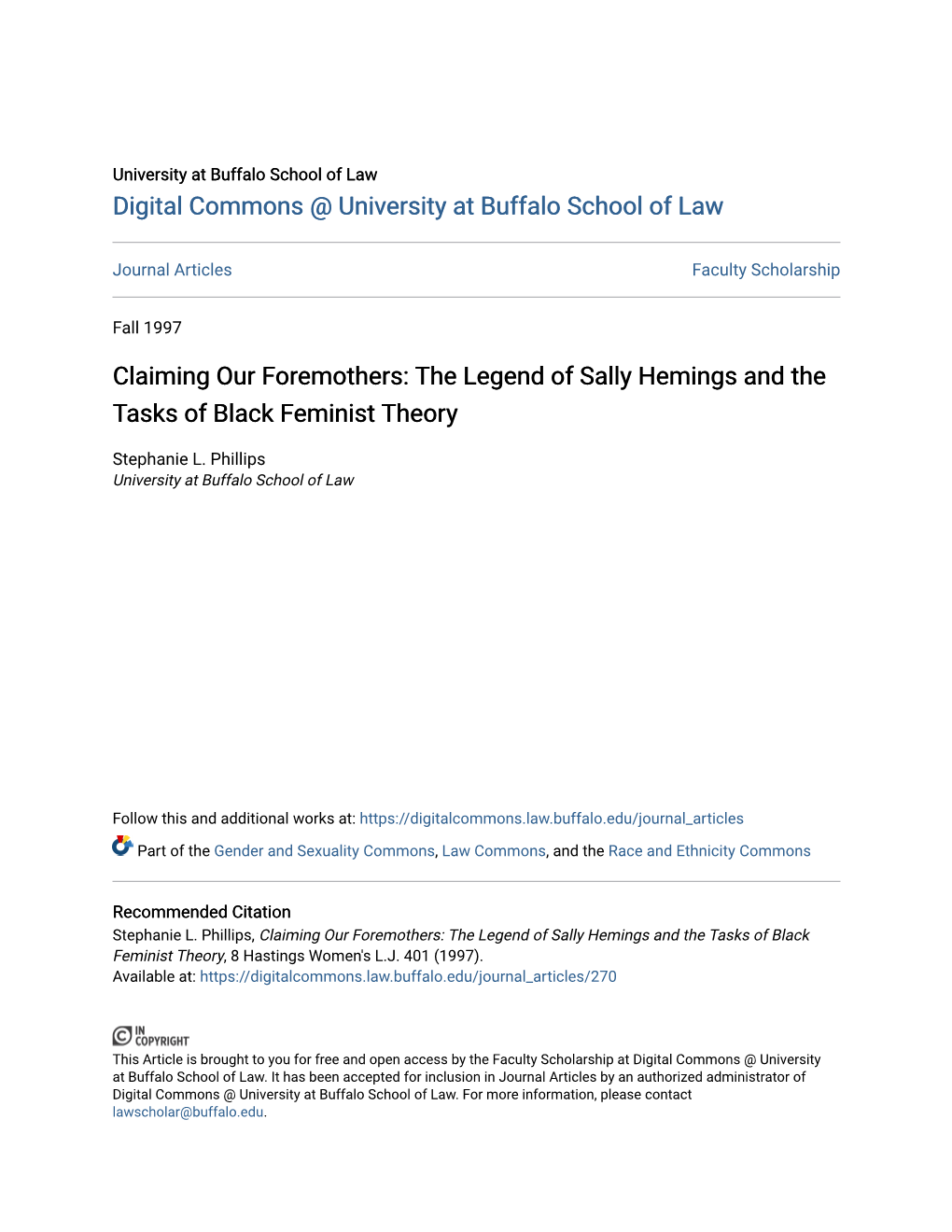 Claiming Our Foremothers: the Legend of Sally Hemings and the Tasks of Black Feminist Theory