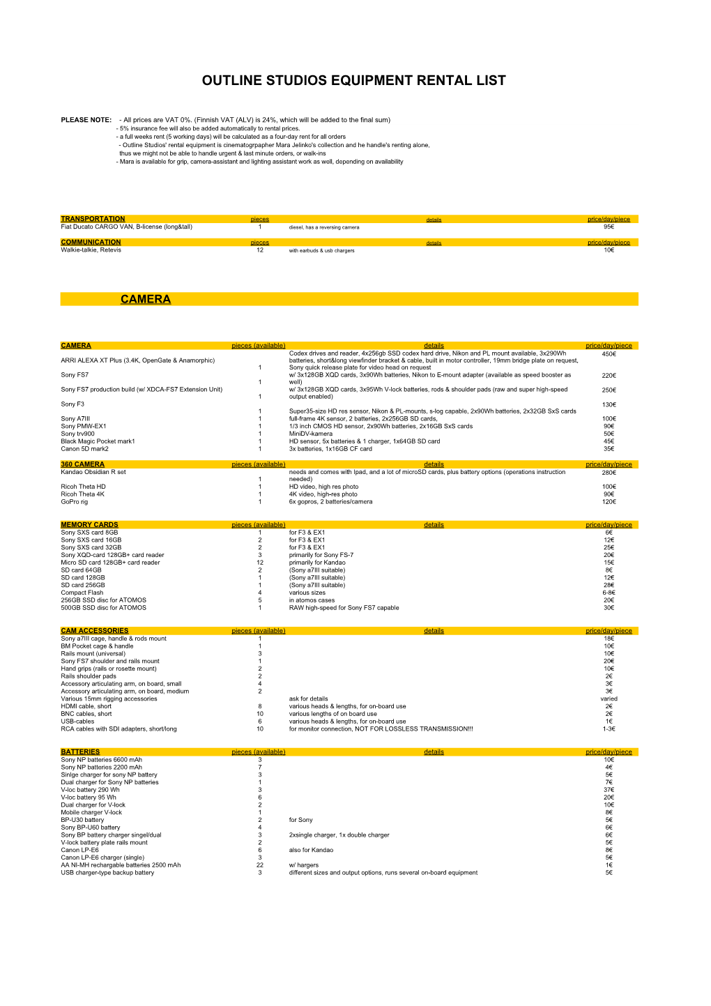 Outline Studios Equipment Rental List