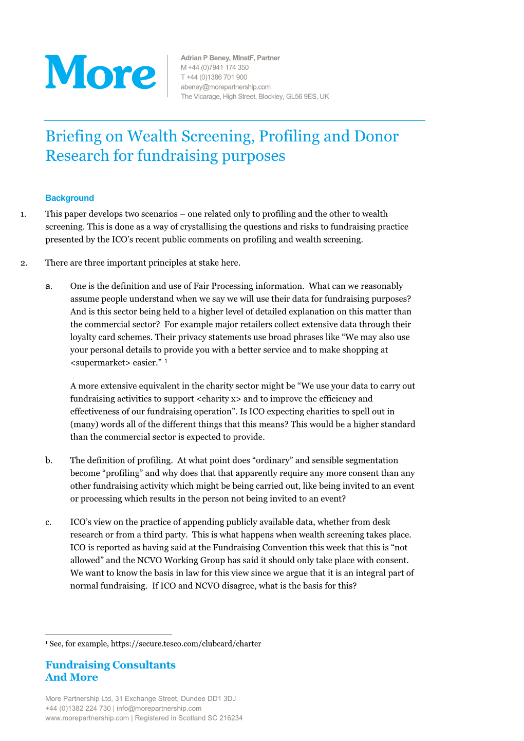 Briefing on Wealth Screening, Profiling and Donor Research for Fundraising Purposes