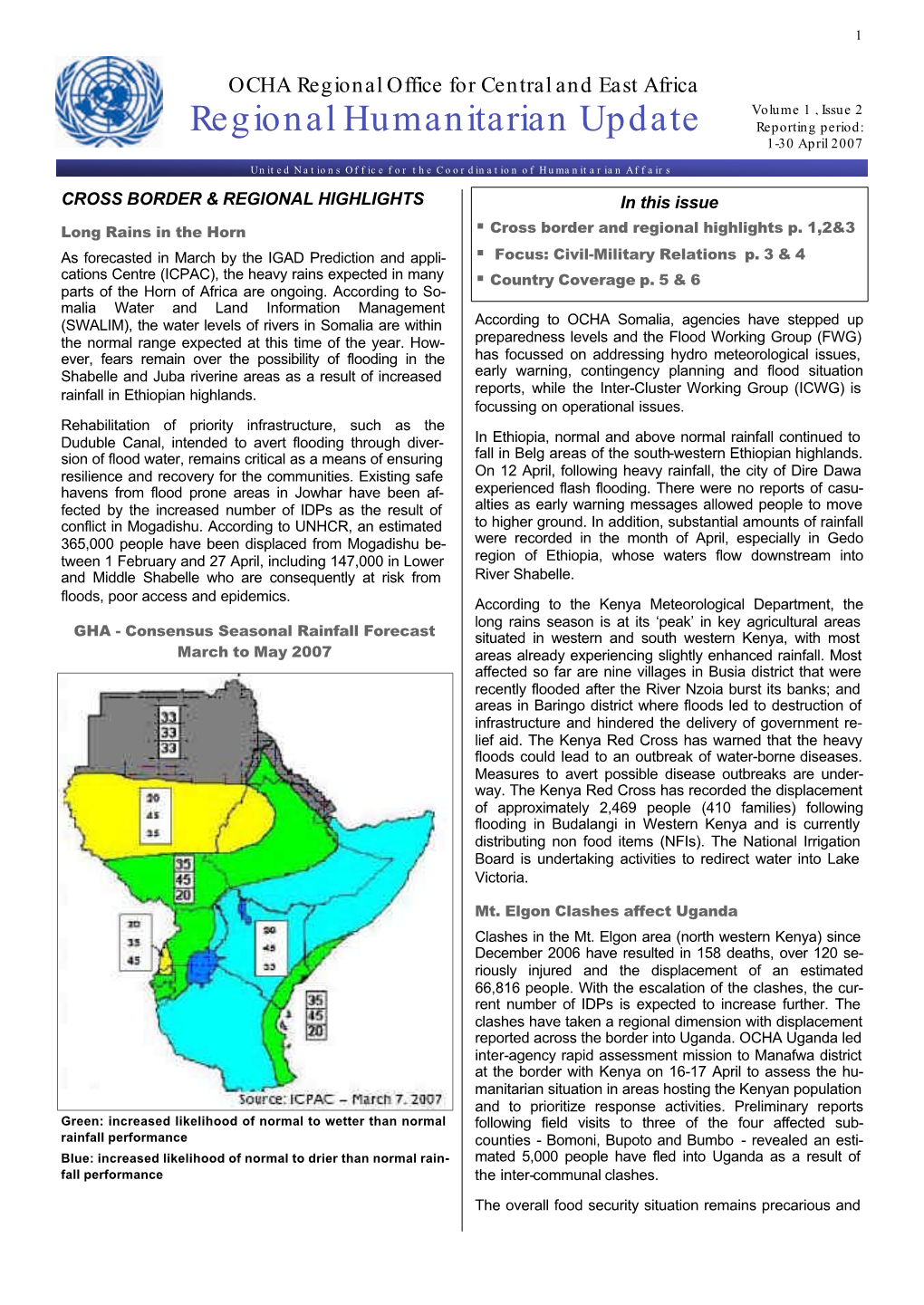 Regional Humanitarian Update Reporting Period: 1-30 April 2007