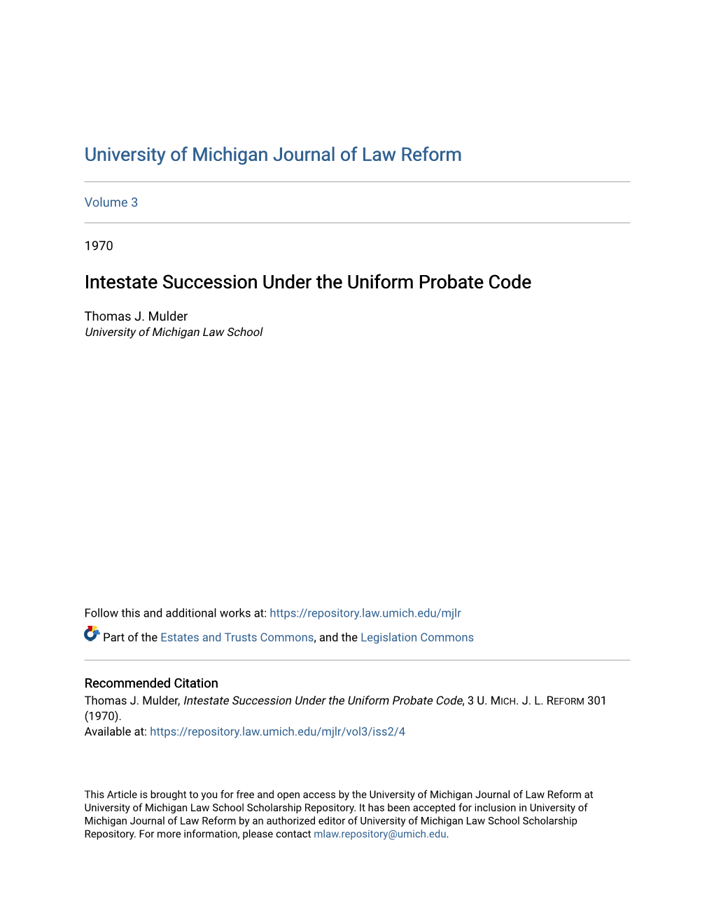 Intestate Succession Under the Uniform Probate Code