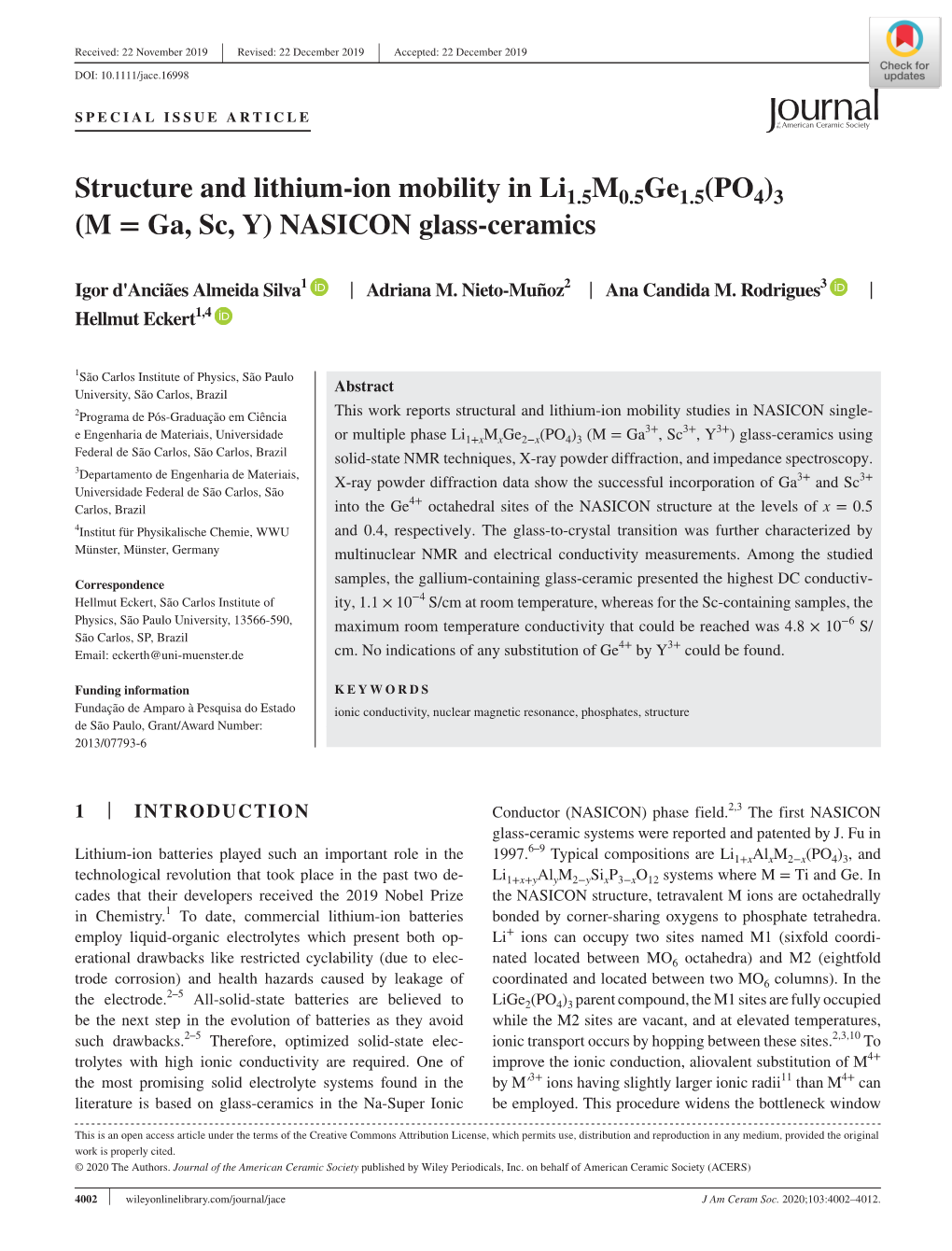 Structure and Lithium‐Ion Mobility in Li1.5M0.5Ge1.5(PO4)3 (M = Ga, Sc, Y) NASICON Glass‐Ceramics