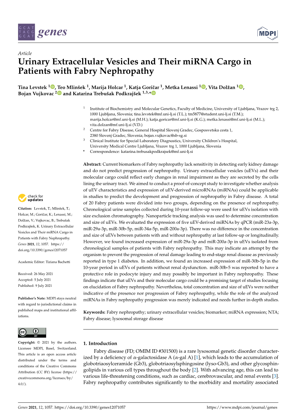 Urinary Extracellular Vesicles and Their Mirna Cargo in Patients with Fabry Nephropathy