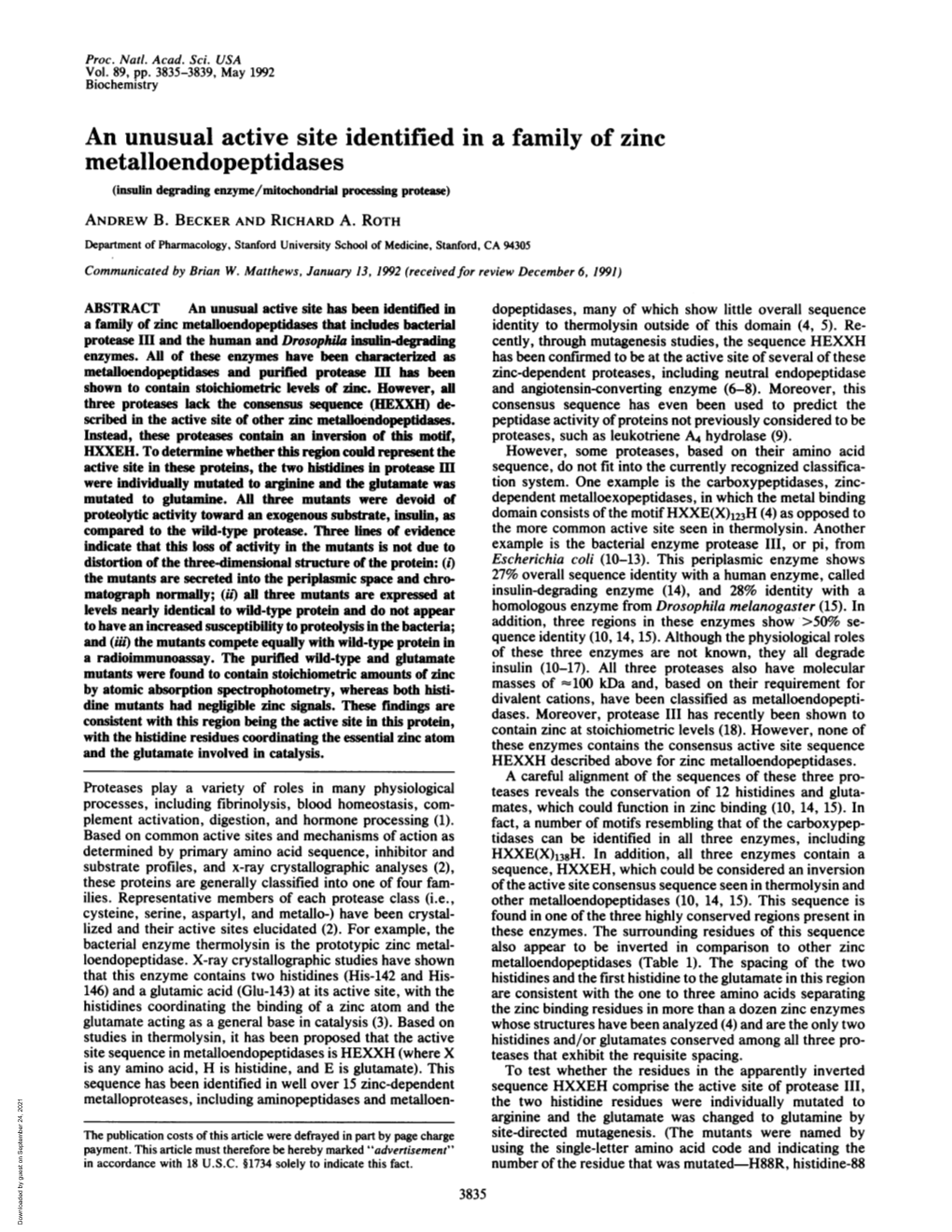 Metalloendopeptidases (Insulin Degrading Enzyme/Nitochondrial Processing Protease) ANDREW B