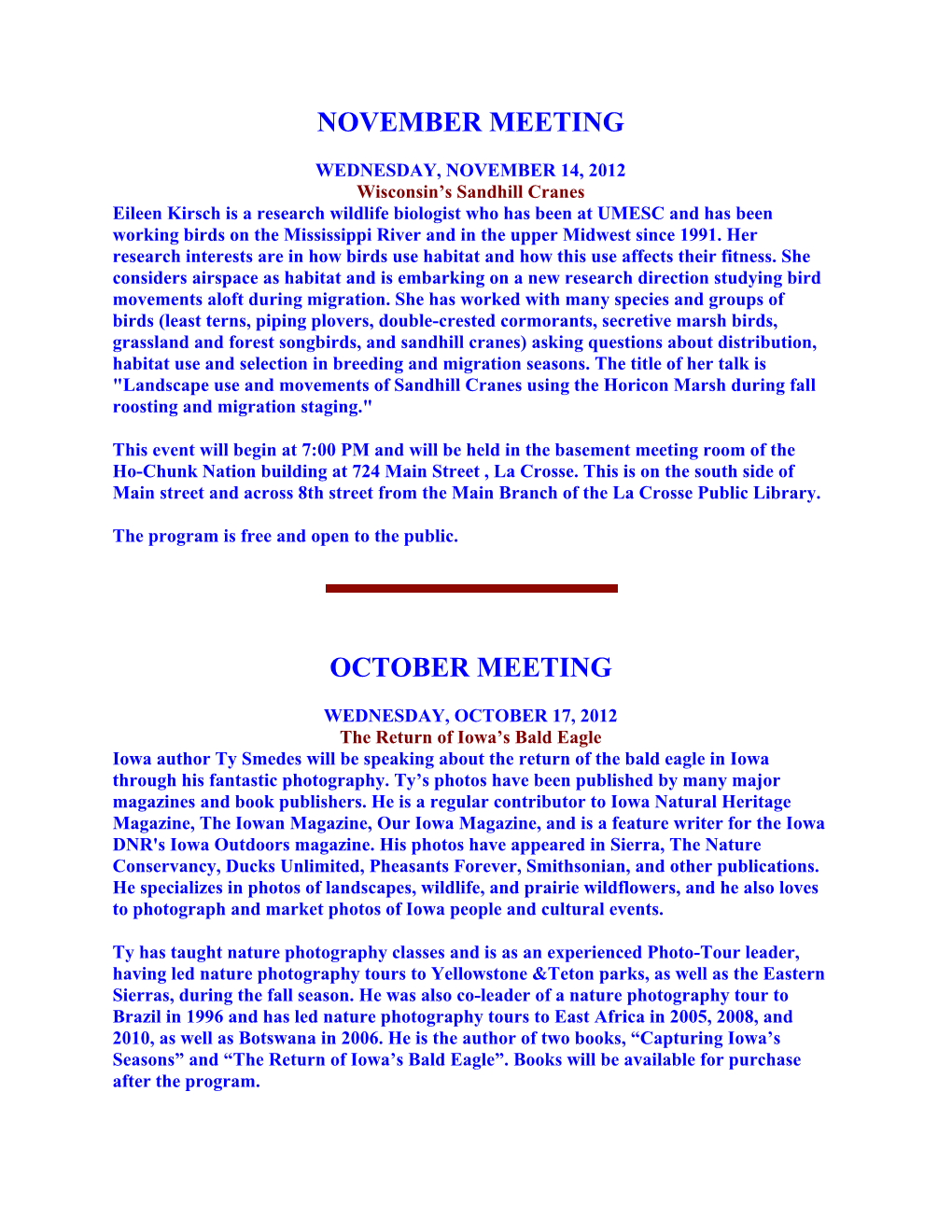 November Meeting October Meeting