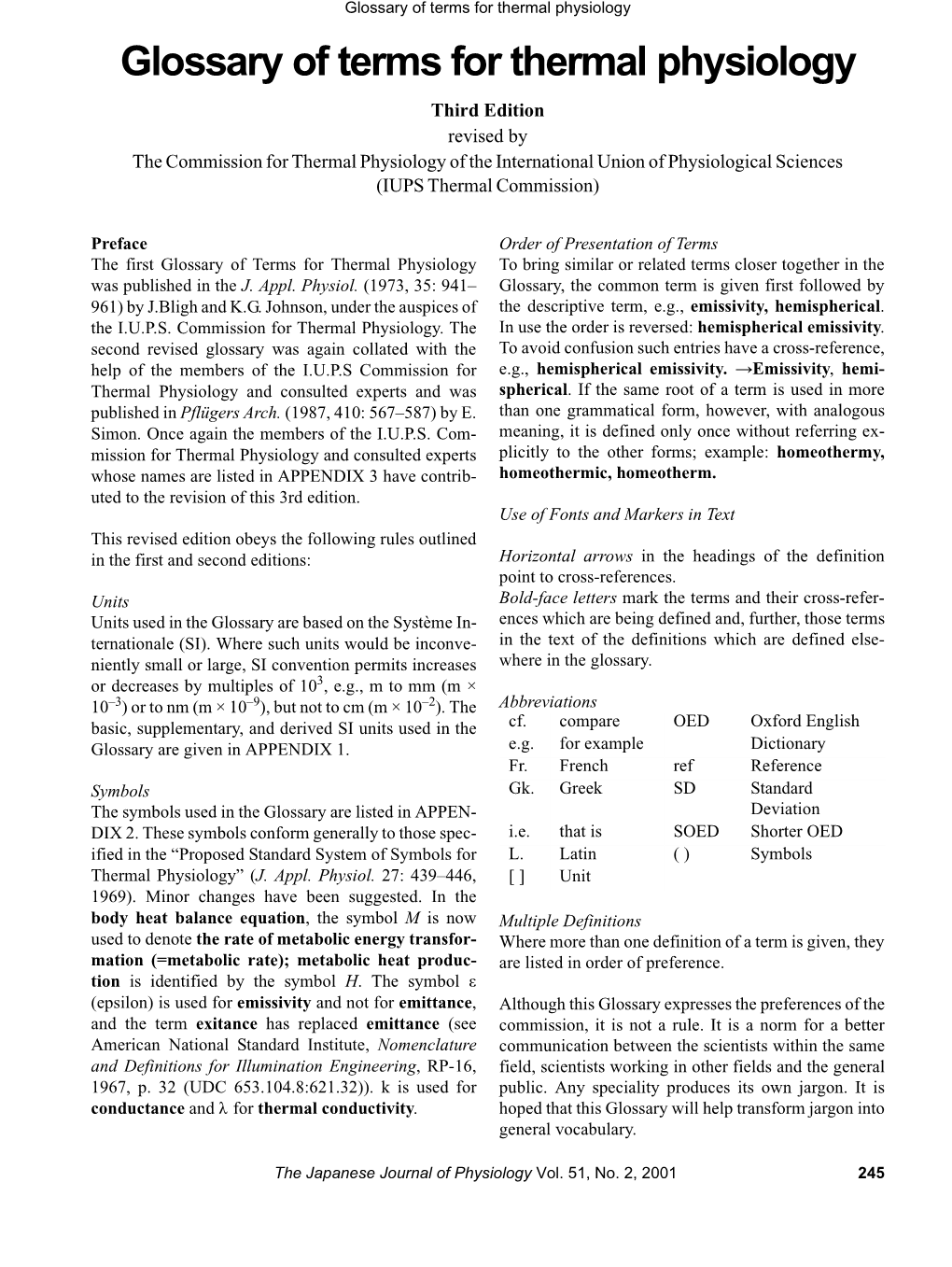 Glossary of Terms for Thermal Physiology