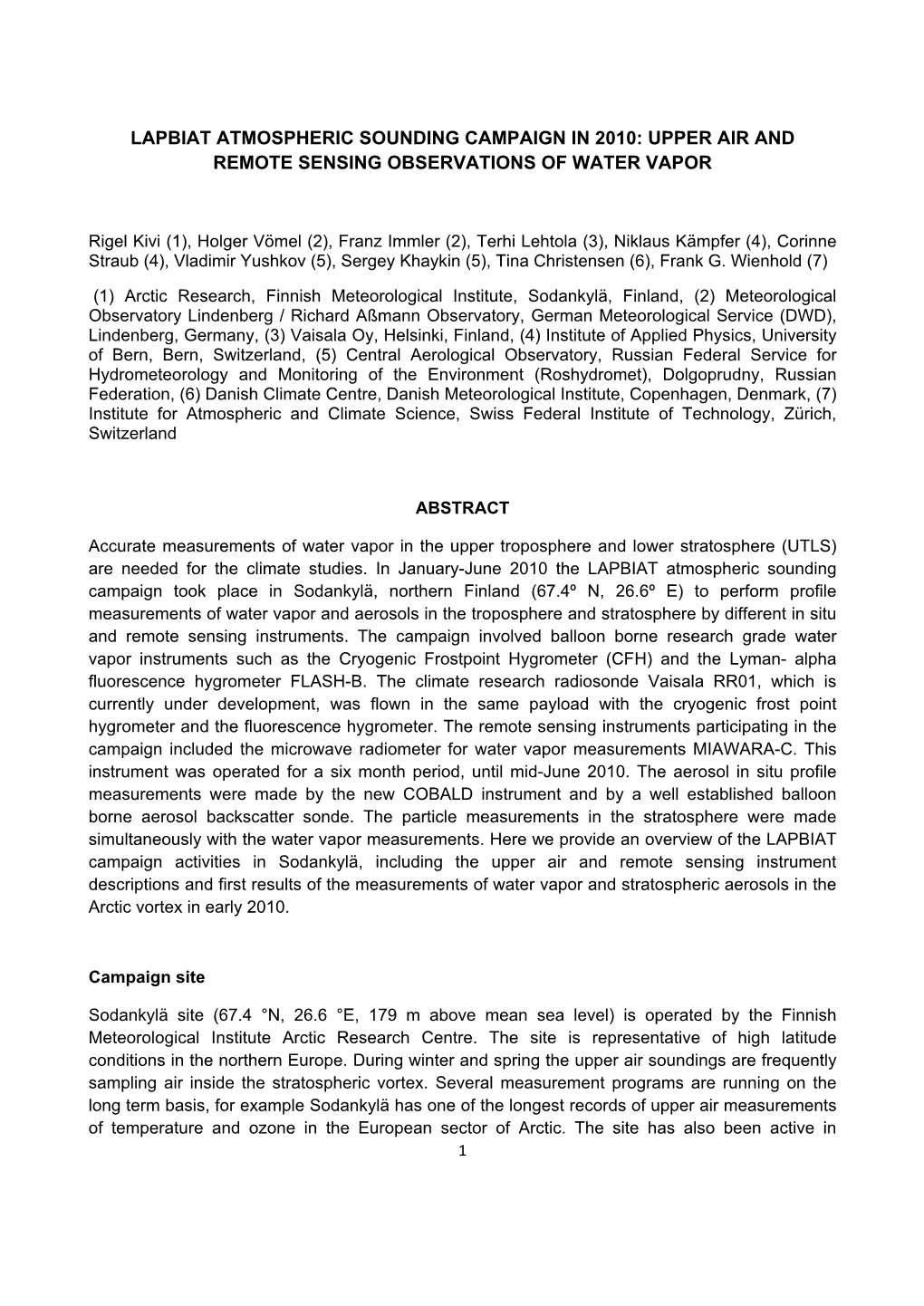 Lapbiat Atmospheric Sounding Campaign in 2010: Upper Air and Remote Sensing Observations of Water Vapor