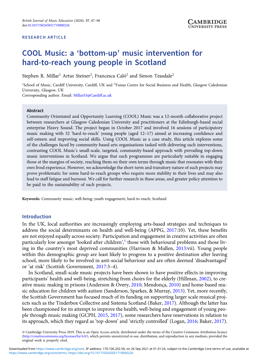 Music Intervention for Hard-To-Reach Young People in Scotland
