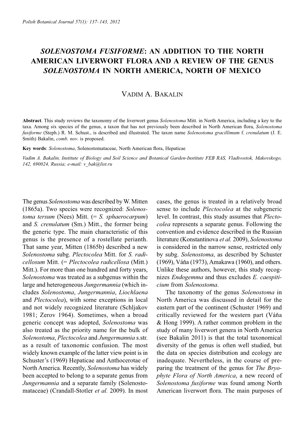 Solenostoma Fusiforme: an Addition to the North American Liverwort Flora and a Review of the Genus Solenostoma in North America, North of Mexico