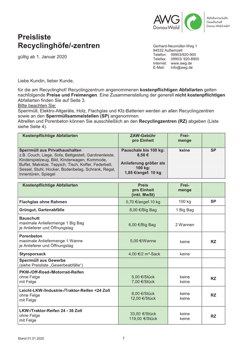 Preisliste Recyclinghöfe/-Zentren