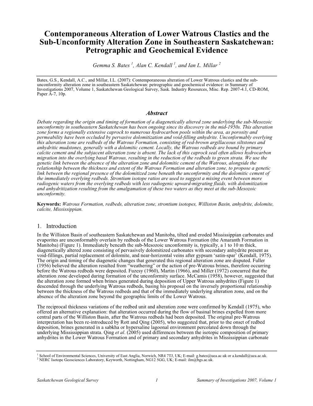 Contemporaneous Alteration of Lower Watrous Clastics and the Sub-Unconformity Alteration Zone in Southeastern Saskatchewan: Petrographic and Geochemical Evidence