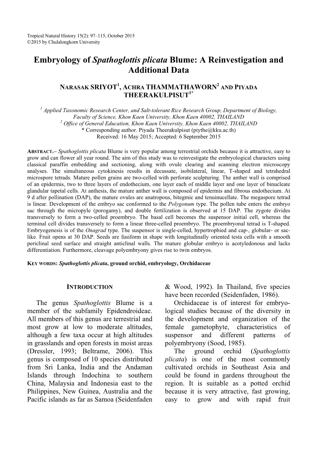 Embryology of Spathoglottis Plicata Blume: a Reinvestigation and Additional Data