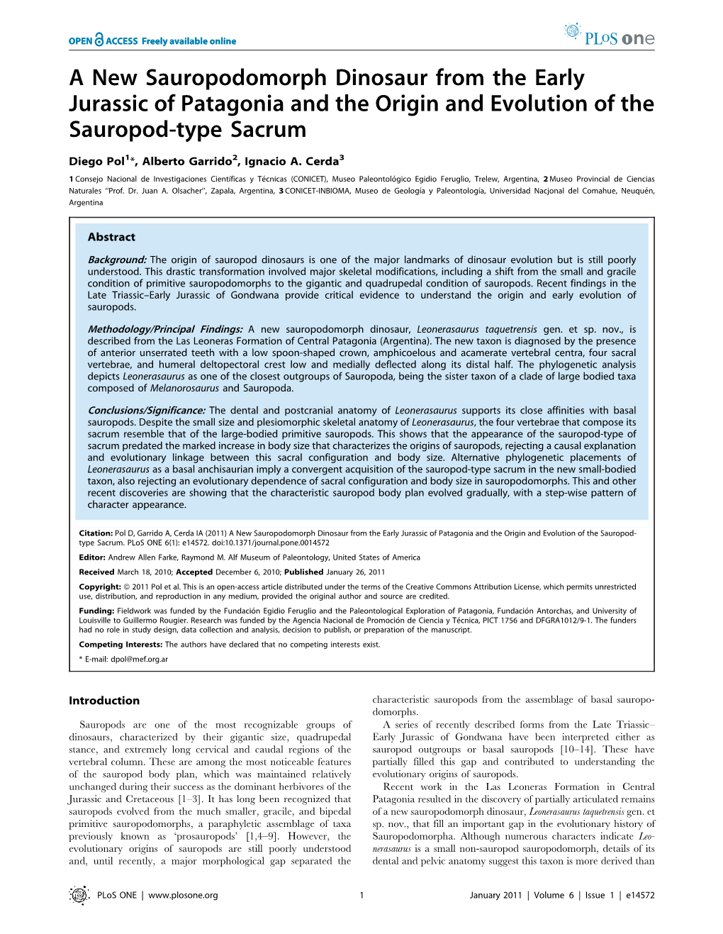 POL D., GARRIDO A., & CERDA I. 2011. a New Sauropodomorph