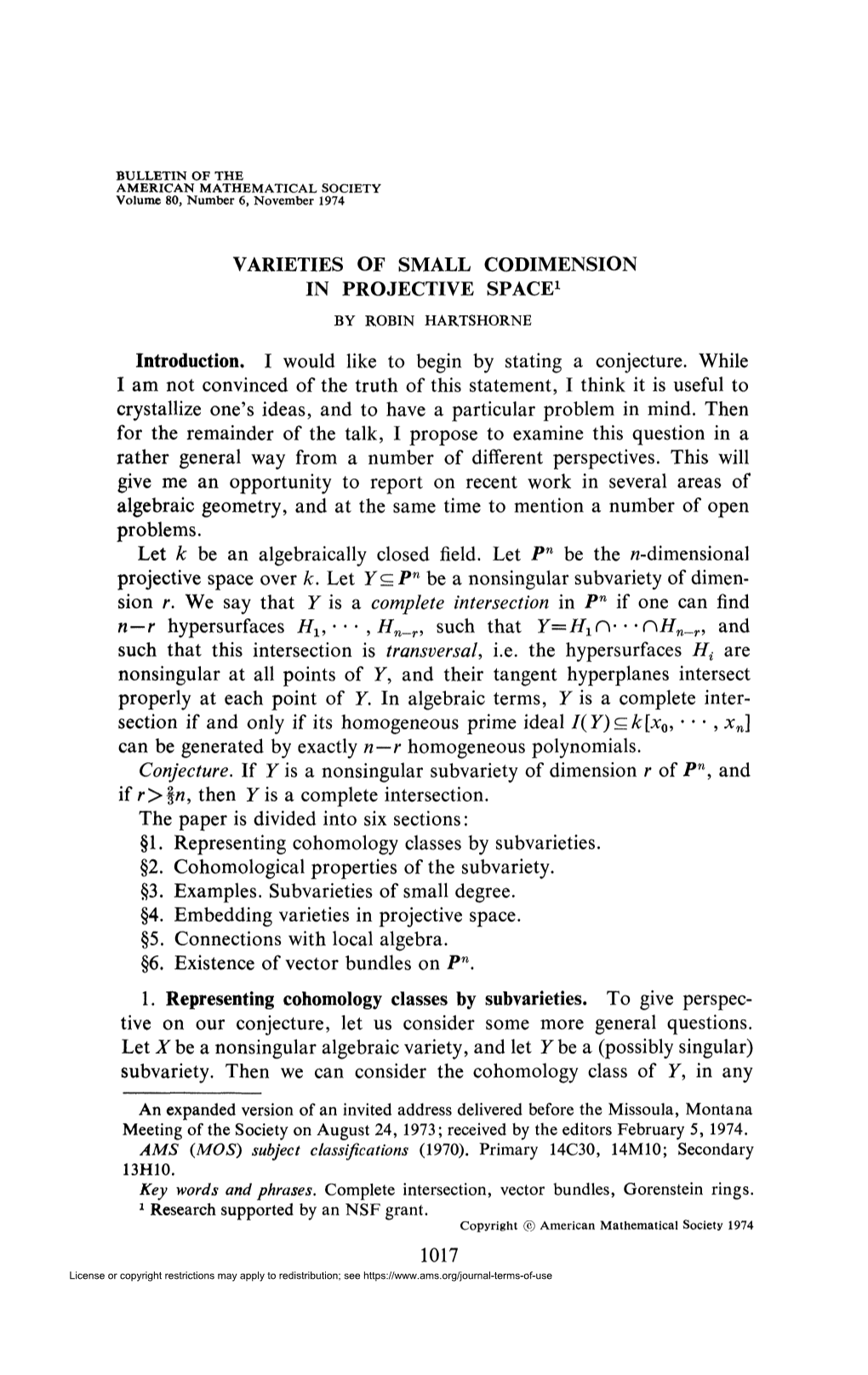 Varieties of Small Codimension in Projective Space1 by Robin Hartshorne