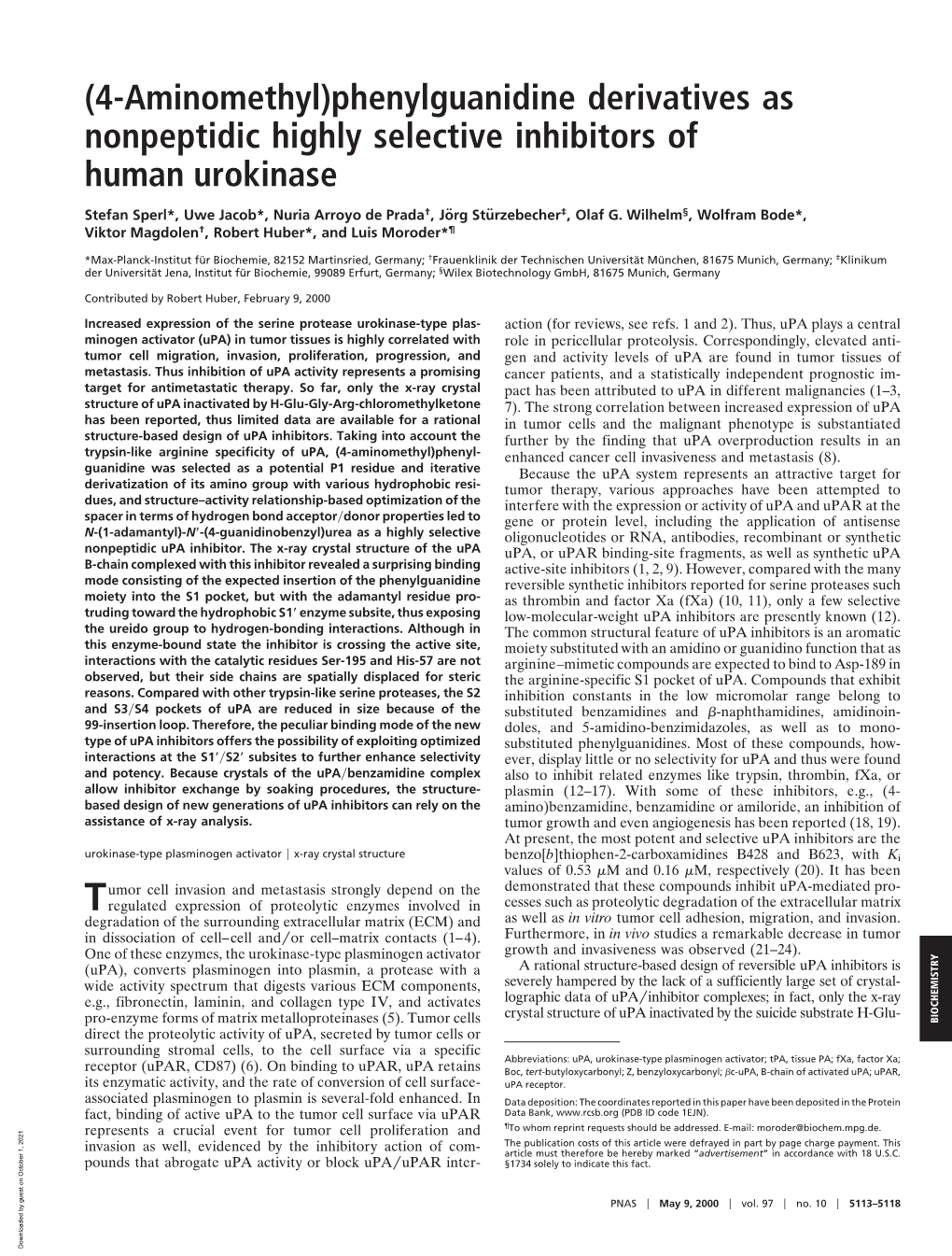 (4-Aminomethyl)Phenylguanidine Derivatives As Nonpeptidic Highly Selective Inhibitors of Human Urokinase