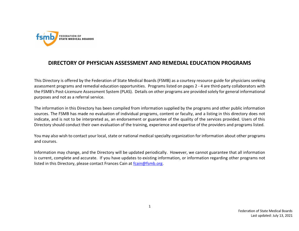 Directory of Physician Assessment and Remedial Education Programs