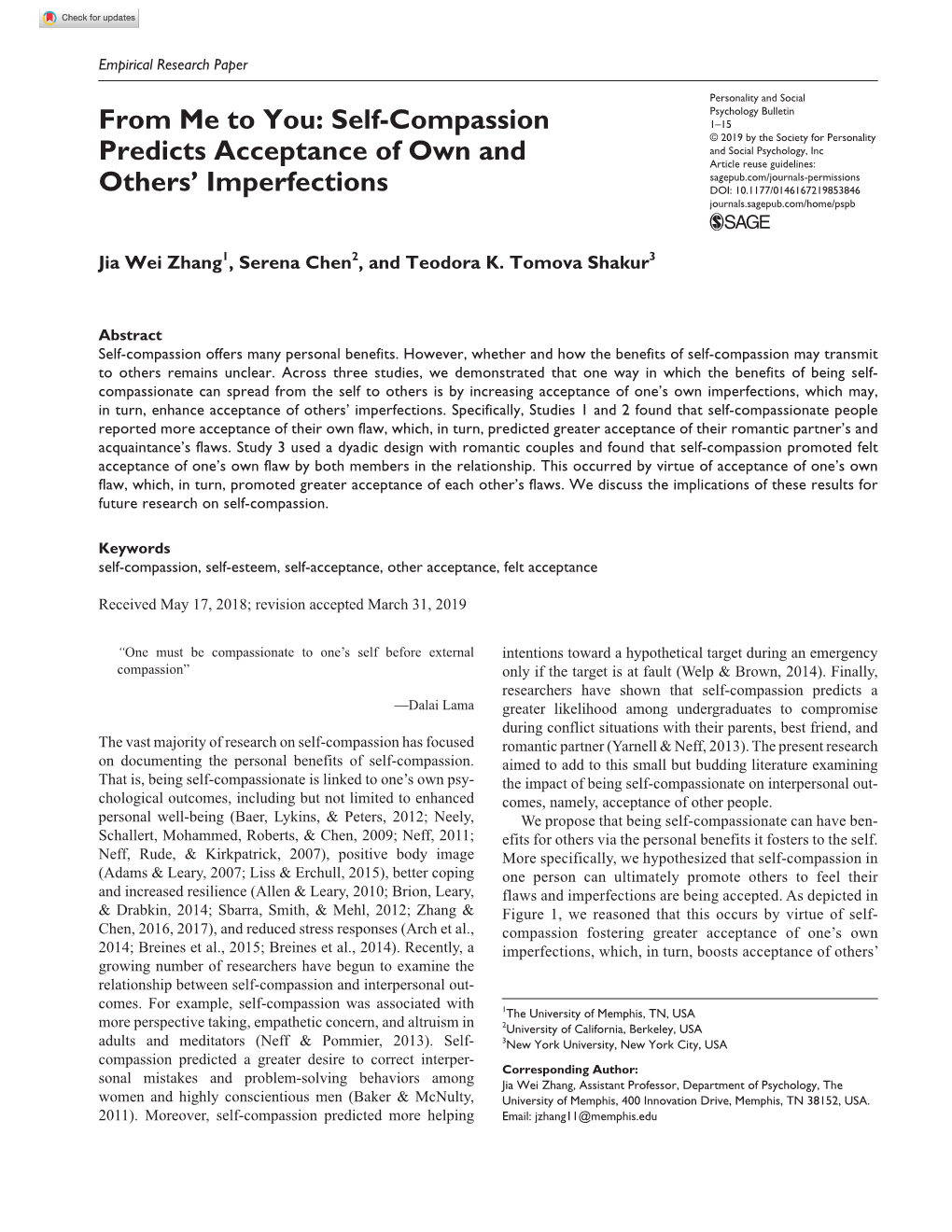 Self-Compassion Predicts Acceptance of Own and Others' Imperfections