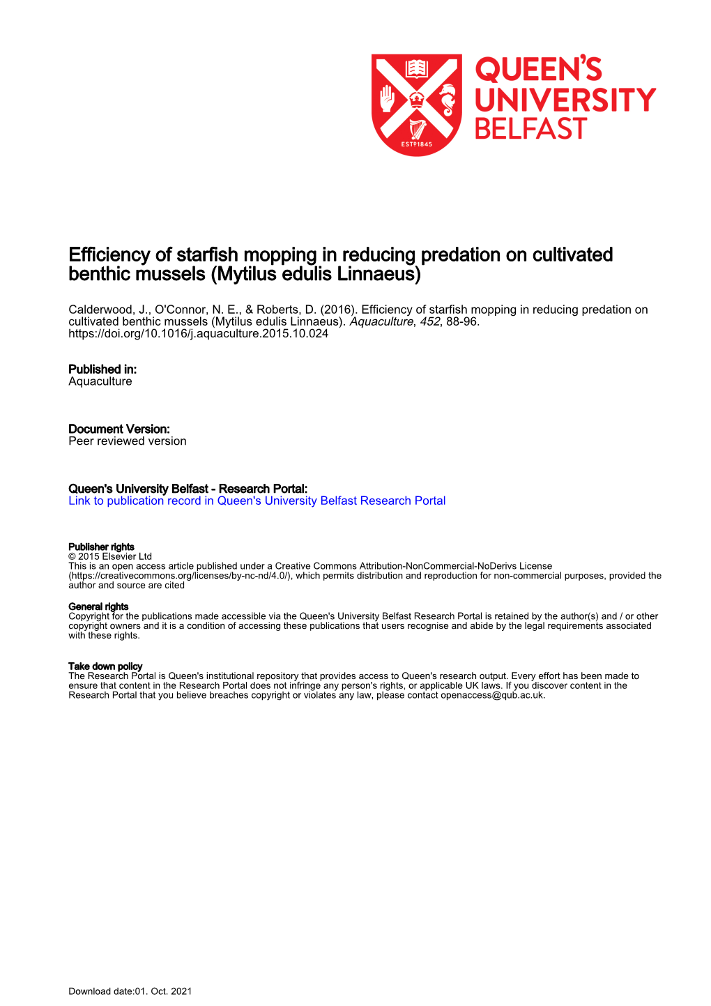 Efficiency of Starfish Mopping in Reducing Predation on Cultivated Benthic Mussels (Mytilus Edulis Linnaeus)