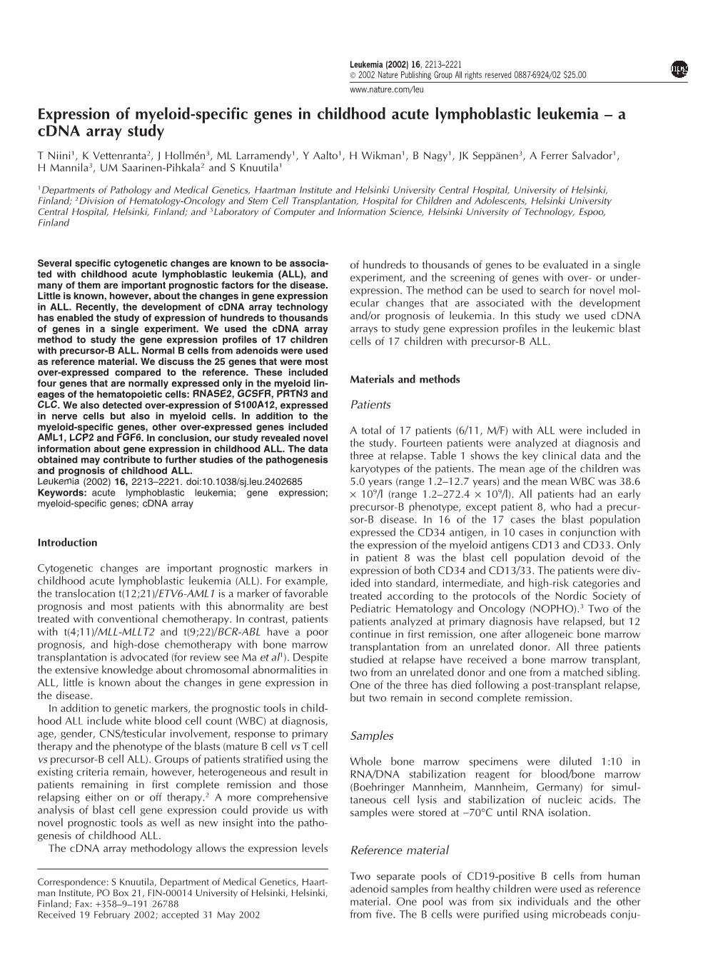 Expression of Myeloid-Specific Genes in Childhood Acute Lymphoblastic