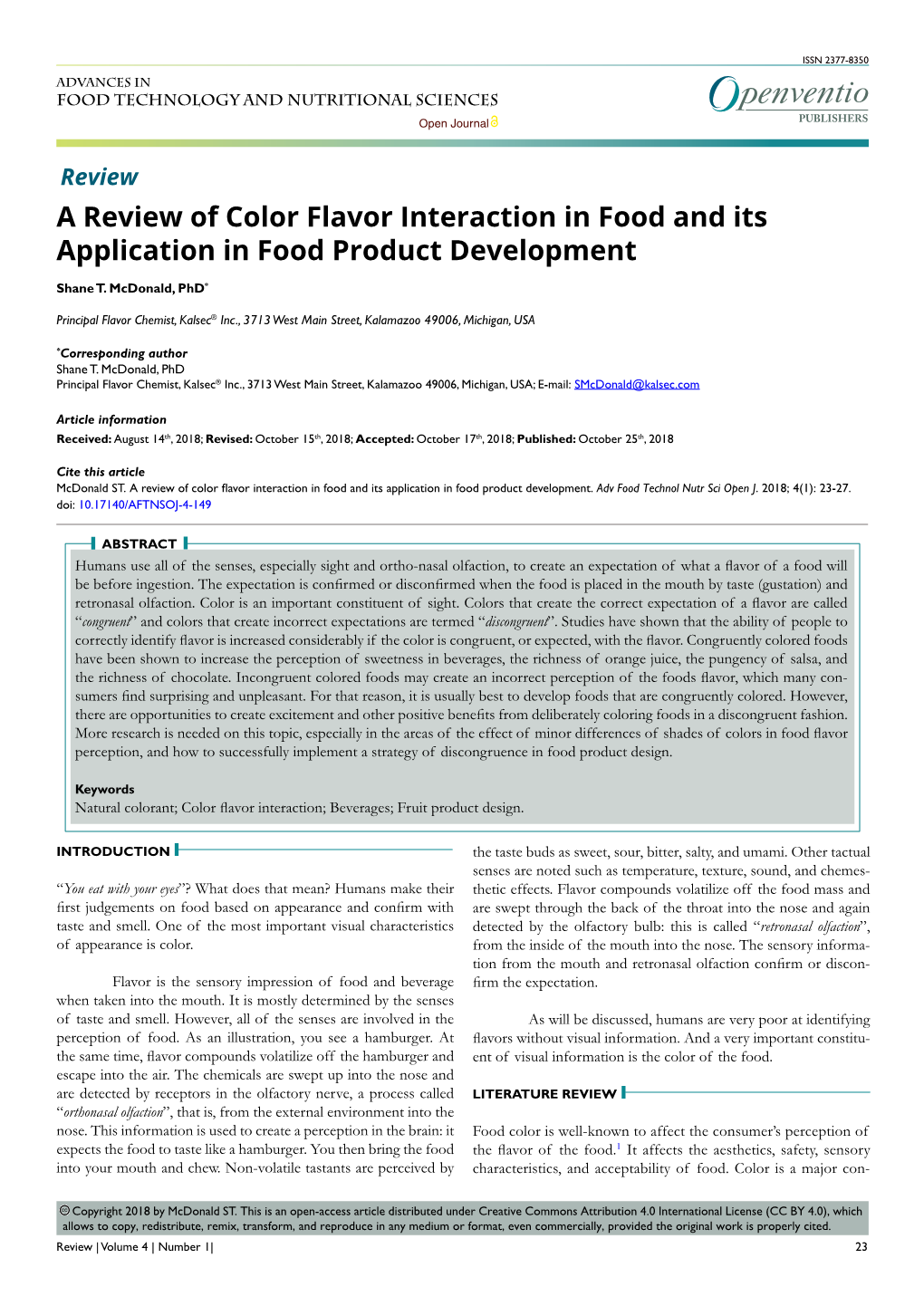 A Review of Color Flavor Interaction in Food and Its Application in Food Product Development