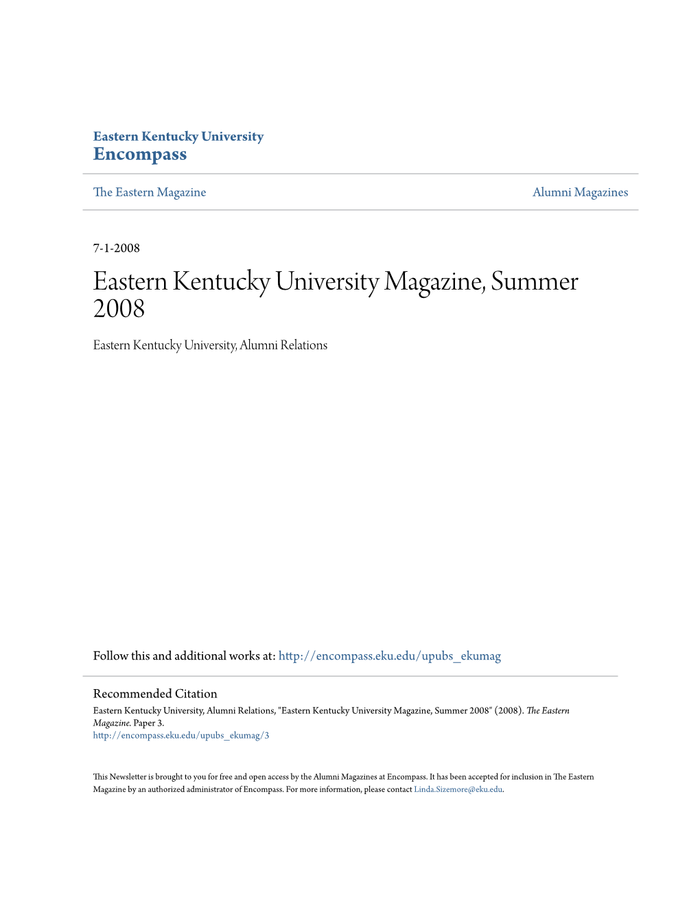 Eastern Kentucky University Magazine, Summer 2008 Eastern Kentucky University, Alumni Relations