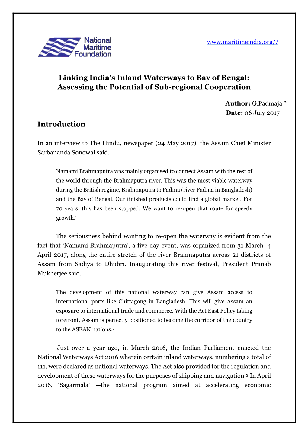 Linking India's Inland Waterways to Bay of Bengal