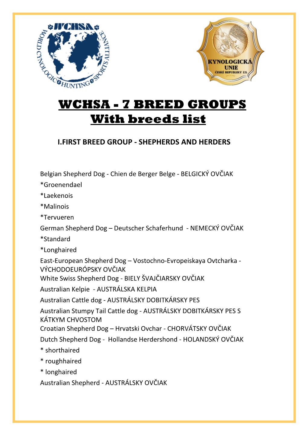 WCHSA - 7 BREED GROUPS with Breeds List